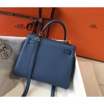 Hermes Kelly 25cm Retourne Bag In Agate Blue Clemence Leather