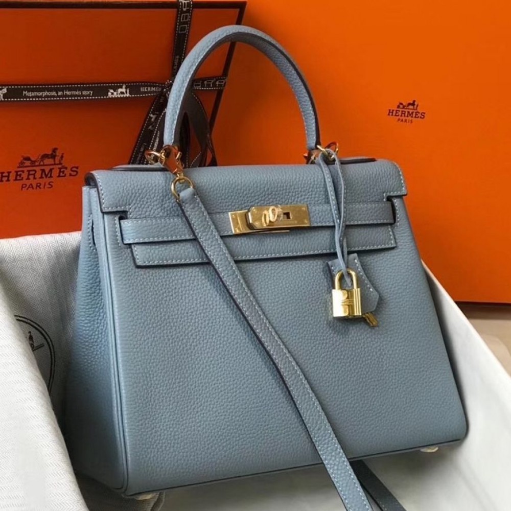 Hermes Kelly 25cm Retourne Bag In Blue Lin Clemence Leather