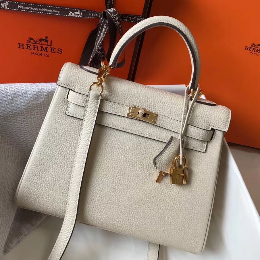 Hermes Kelly 25cm Retourne Bag In Craie Clemence Leather