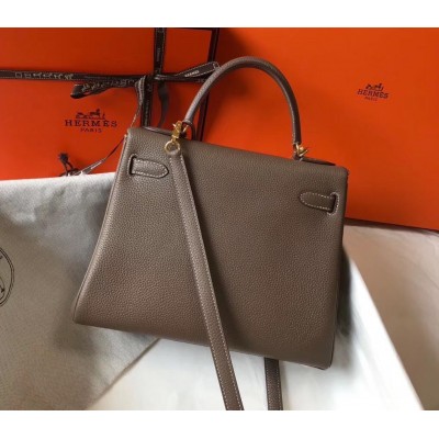 Hermes Kelly 25cm Retourne Bag In Taupe Clemence Leather