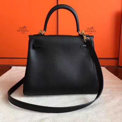 Hermes Kelly 25cm Retourne Handmade Bag In Black Swift Leather