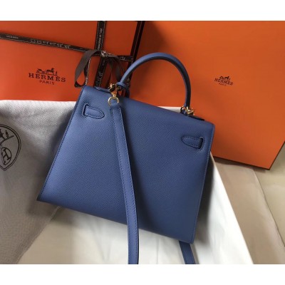 Hermes Kelly 25cm Sellier Bag In Agate Blue Epsom Leather