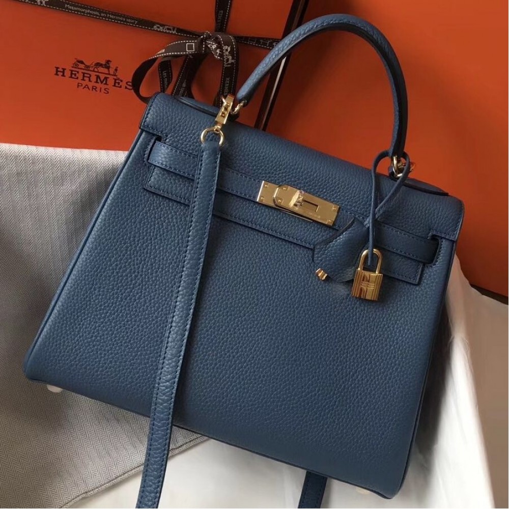 Hermes Kelly 28cm Bag In Blue Agate Clemence Leather GHW