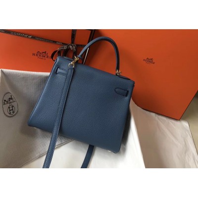 Hermes Kelly 28cm Bag In Blue Agate Clemence Leather GHW