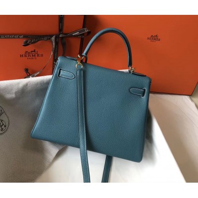 Hermes Kelly 28cm Bag In Blue Jean Clemence Leather GHW