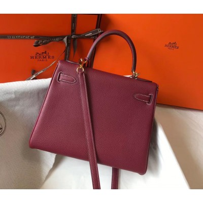 Hermes Kelly 28cm Bag In Bordeaxu Clemence Leather GHW