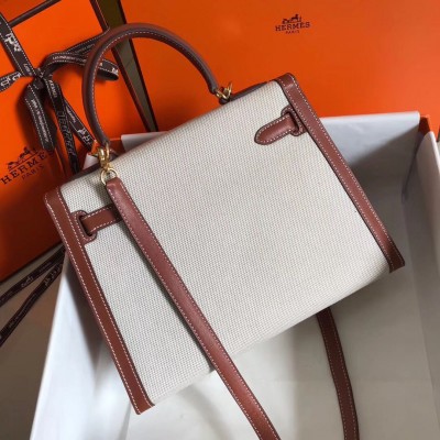 Hermes Kelly 28cm Bag In Canvas With Barenia Leather