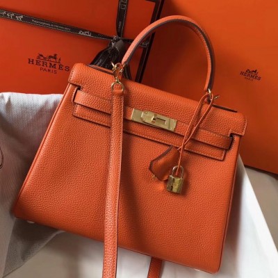 Hermes Kelly 28cm Bag In Orange Clemence Leather GHW HSBS61082