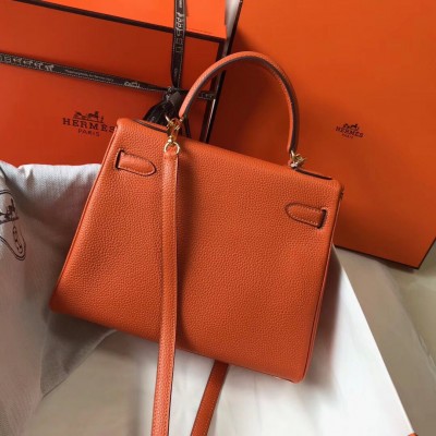 Hermes Kelly 28cm Bag In Orange Clemence Leather GHW