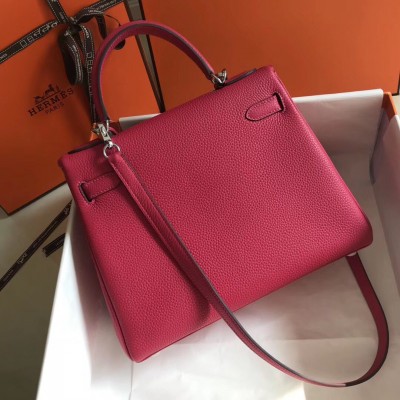 Hermes Kelly 28cm Bag In Rose Red Clemence Leather PHW