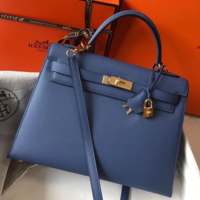 Hermes Kelly 32cm Bag In Blue Agate Epsom Leather GHW HSBS61057