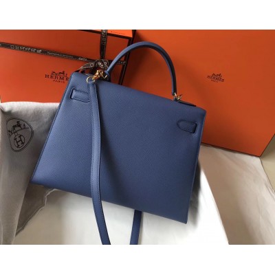 Hermes Kelly 32cm Bag In Blue Agate Epsom Leather GHW