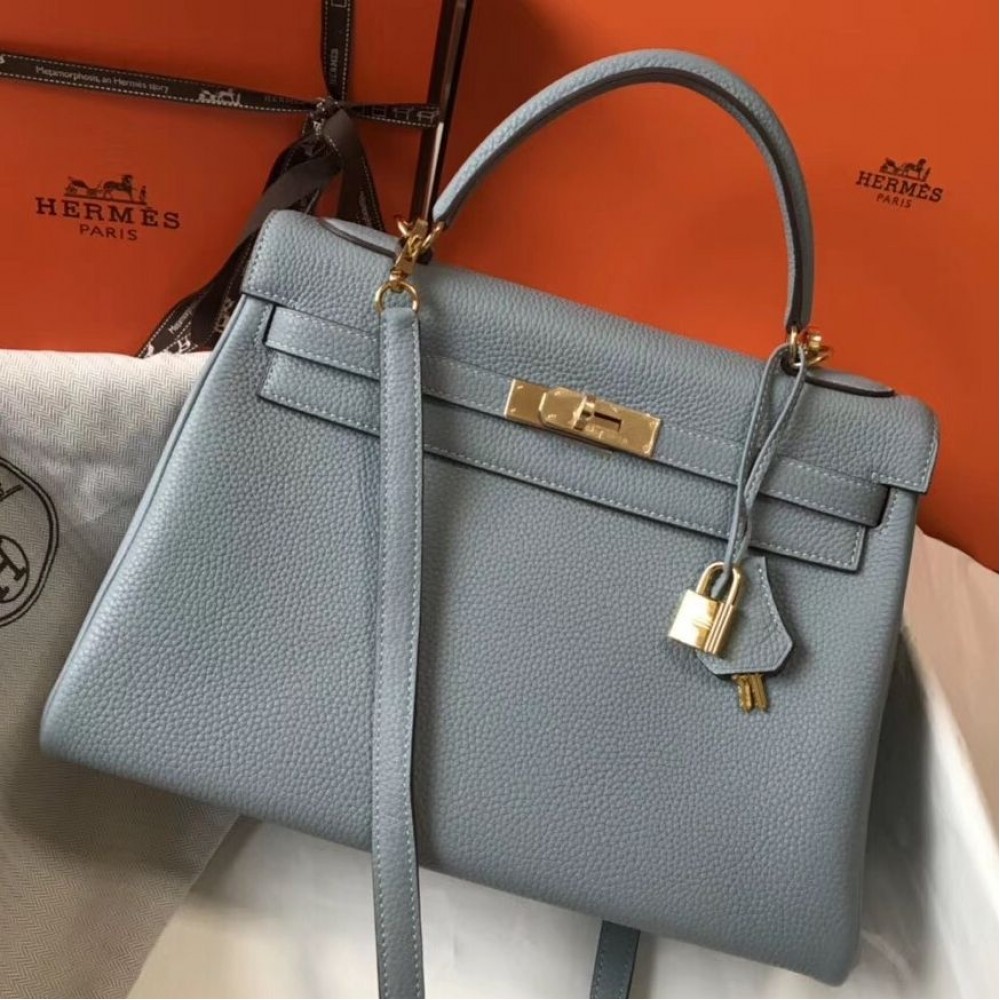 Hermes Kelly 32cm Bag In Blue Lin Clemence Leather GHW