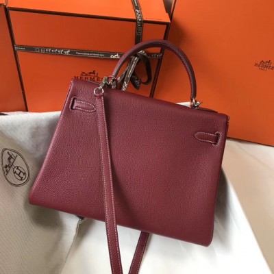 Hermes Kelly 32cm Bag In Bordeaux Clemence Leather PHW