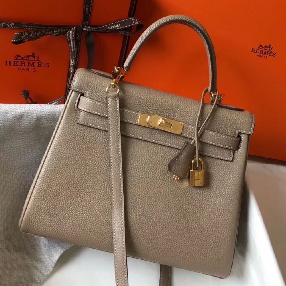 Hermes Kelly 32cm Bag In Gris Tourterelle Clemence Leather GHW