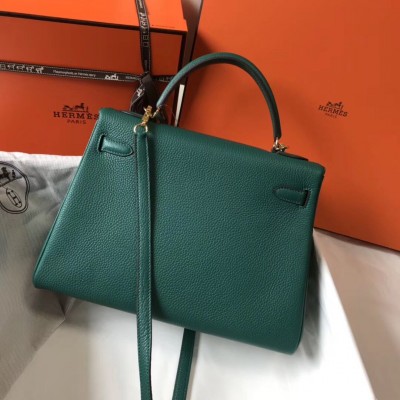 Hermes Kelly 32cm Bag In Malachite Clemence Leather GHW