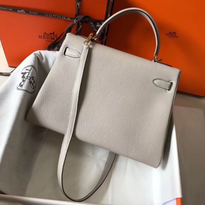 Hermes Kelly 32cm Bag In Pearl Grey Clemence Leather GHW