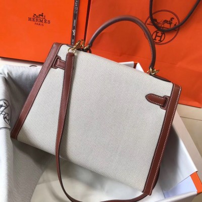 Hermes Kelly 32cm Bag In Toile Canvas With Barenia Leather