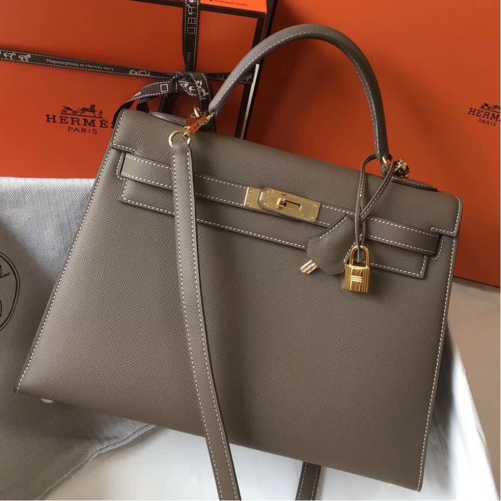 Hermes Kelly 32cm Bag In Tuape Grey Epsom Leather GHW