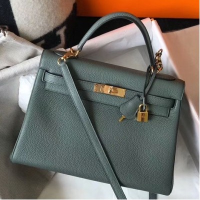 Hermes Kelly 32cm Bag In Vert Amande Clemence Leather GHW HSBS61101