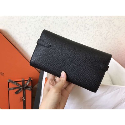 Hermes Kelly Classic Long Wallet In Black Epsom Leather