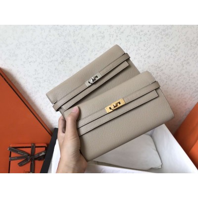 Hermes Kelly Classic Long Wallet In Grey Epsom Leather