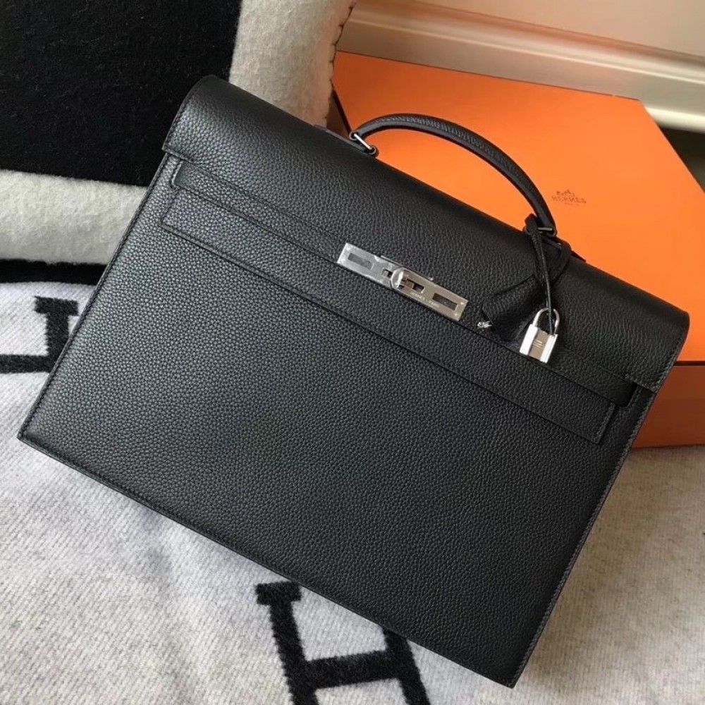 Hermes Kelly Depeche 38 Briefcase In Black Calfskin