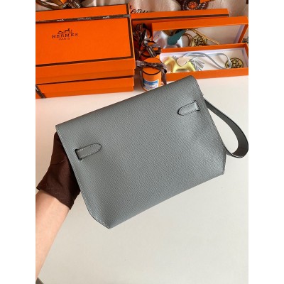 Hermes Kelly Depeches 25 Pouch in Blue Lin Epsom Calfskin