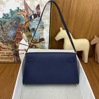 Hermes Kelly Elan Handmade Bag In Blue Saphir Chevre Mysore Leather