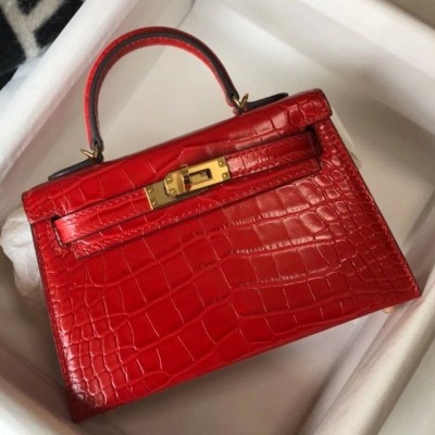 Hermes Kelly Mini II Bag In Red Embossed Crocodile Leather HSBS61284