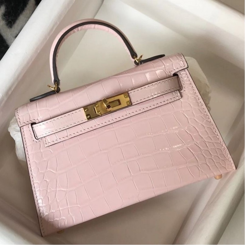 Hermes Kelly Mini II Bag In Rose Dragee Embossed Crocodile Leather