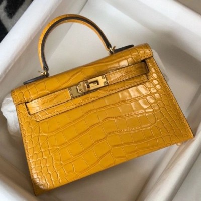 Hermes Kelly Mini II Bag In Yellow Embossed Crocodile Leather HSBS61297