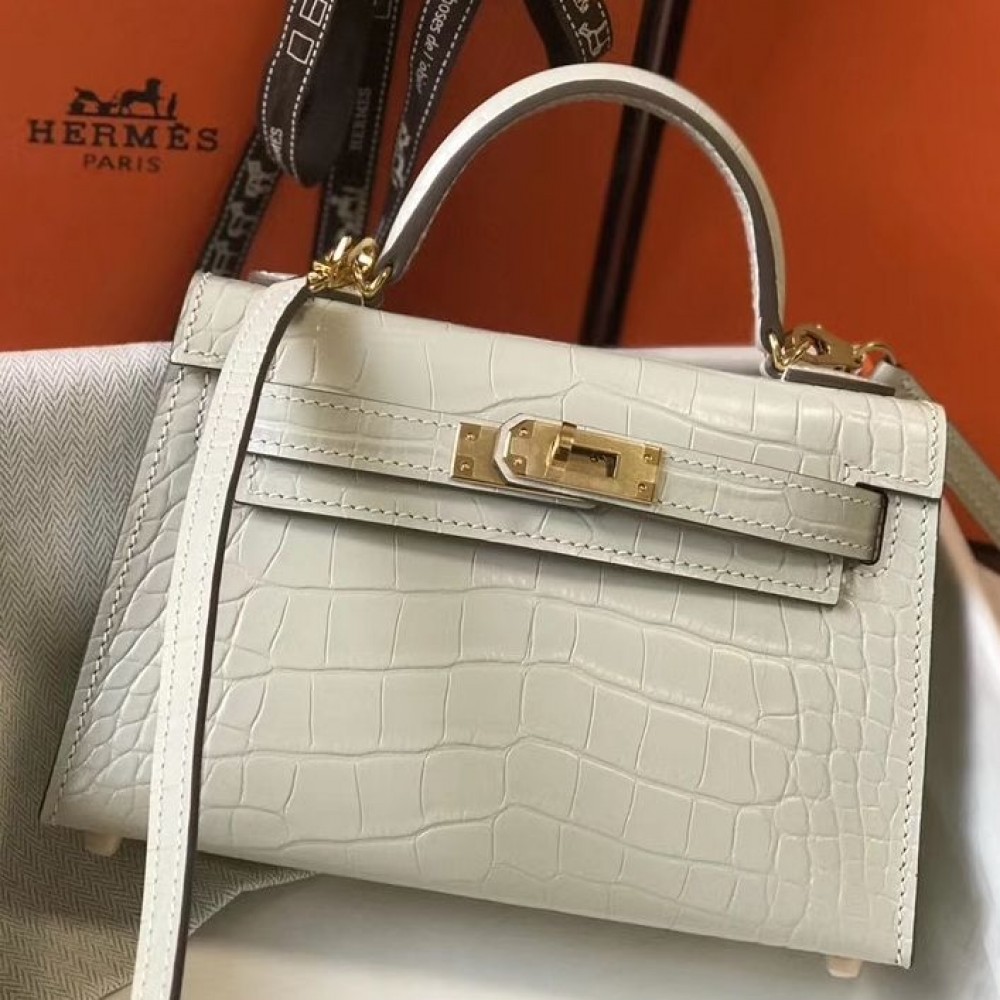 Hermes Kelly Mini II Handmade Bag In Beton Crocodile Embossed Leather