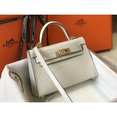 Hermes Kelly Mini II Handmade Bag In Beton Crocodile Embossed Leather