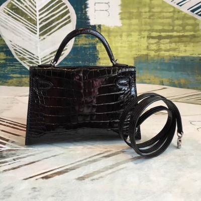 Hermes Kelly Mini II Handmade Bag In Black Alligator Crocodile