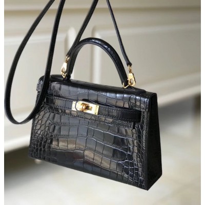 Hermes Kelly Mini II Handmade Bag In Black Crocodile Embossed Leather