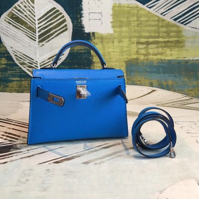 Hermes Kelly Mini II Handmade Bag In Blue Chevre Leather