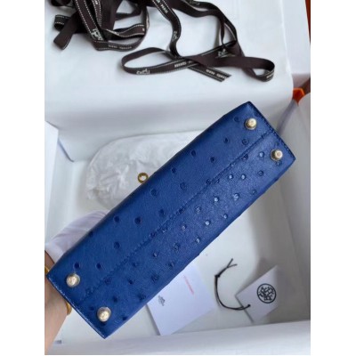 Hermes Kelly Mini II Handmade Bag In Blue Electric Ostrich Leather