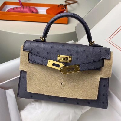 Hermes Kelly Mini II Handmade Bag In Gris Agate Ostrich Leather