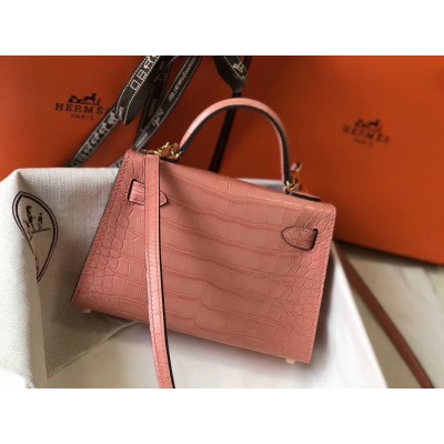 Hermes Kelly Mini II Handmade Bag In Pink Crocodile Embossed Leather