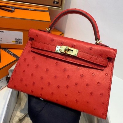 Hermes Kelly Mini II Handmade Bag In Red Ostrich Leather HSBS61291