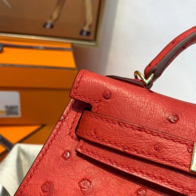 Hermes Kelly Mini II Handmade Bag In Red Ostrich Leather