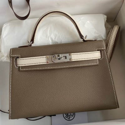 Hermes Kelly Mini II Sellier Bicolor Handmade Bag in Taupe and Craie Epsom Calfskin HSBS61285