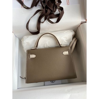 Hermes Kelly Mini II Sellier Bicolor Handmade Bag in Taupe and Craie Epsom Calfskin