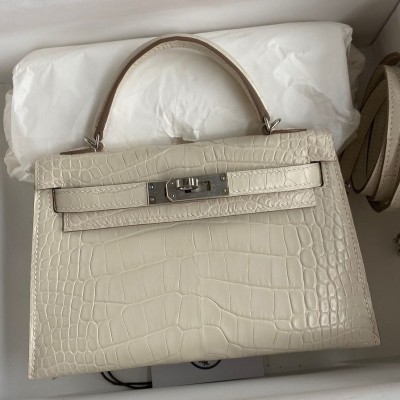 Hermes Kelly Mini II Sellier Handmade Bag In Beton Matte Alligator Leather HSBS61295