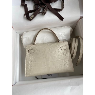 Hermes Kelly Mini II Sellier Handmade Bag In Beton Matte Alligator Leather