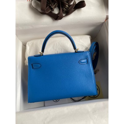 Hermes Kelly Mini II Sellier Handmade Bag In Blue Hydra Chevre Mysore Leather