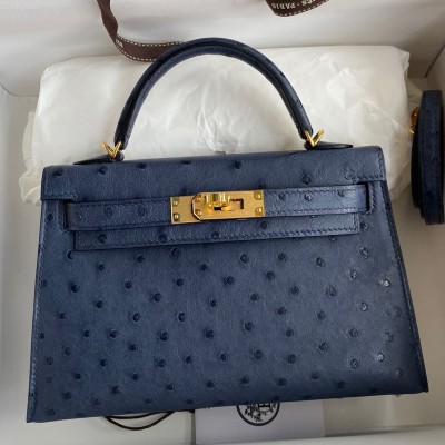 Hermes Kelly Mini II Sellier Handmade Bag In Blue Iris Ostrich Leather HSBS61335