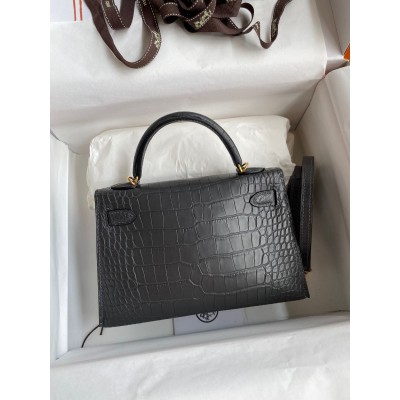 Hermes Kelly Mini II Sellier Handmade Bag In Graphite Matte Alligator Leather