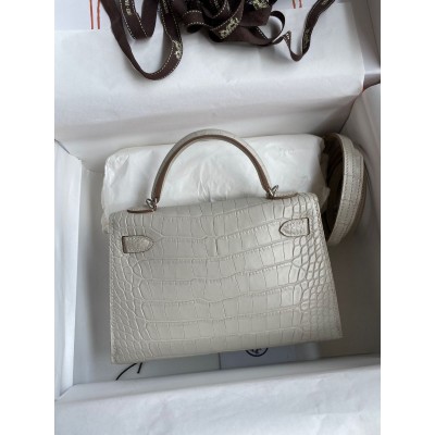 Hermes Kelly Mini II Sellier Handmade Bag In Grey Matte Alligator Leather